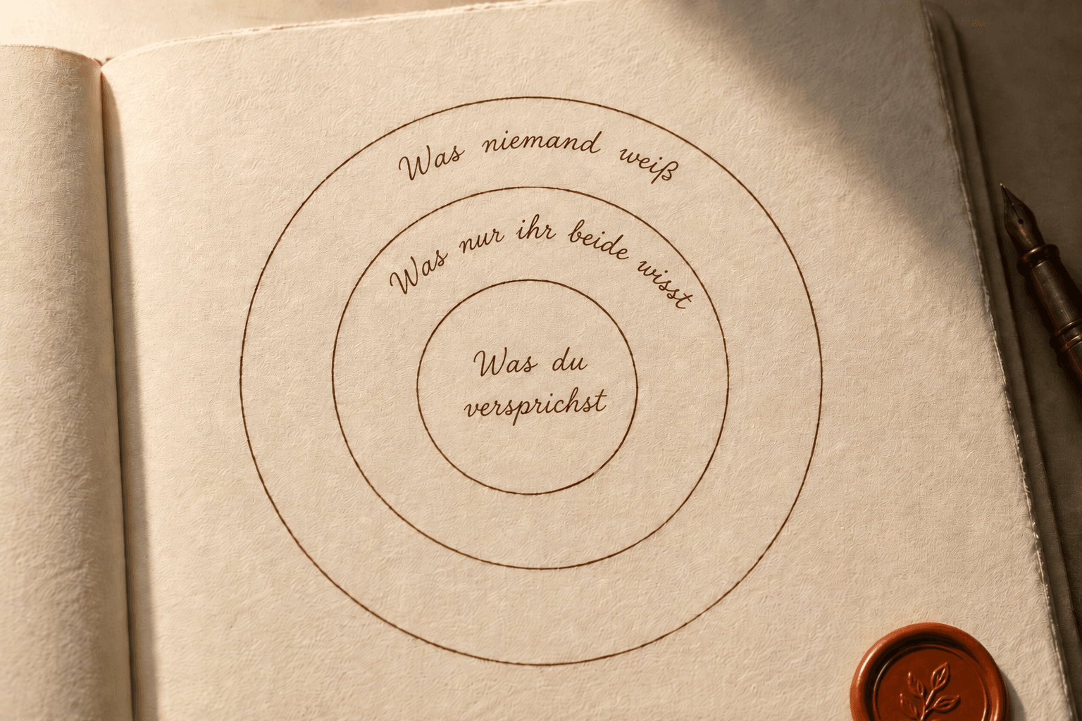 Handgezeichnetes Diagramm der drei konzentrischen Kreise für das Schreiben von Eheversprechen, mit brauner Tinte auf cremefarbenem Papier skizziert