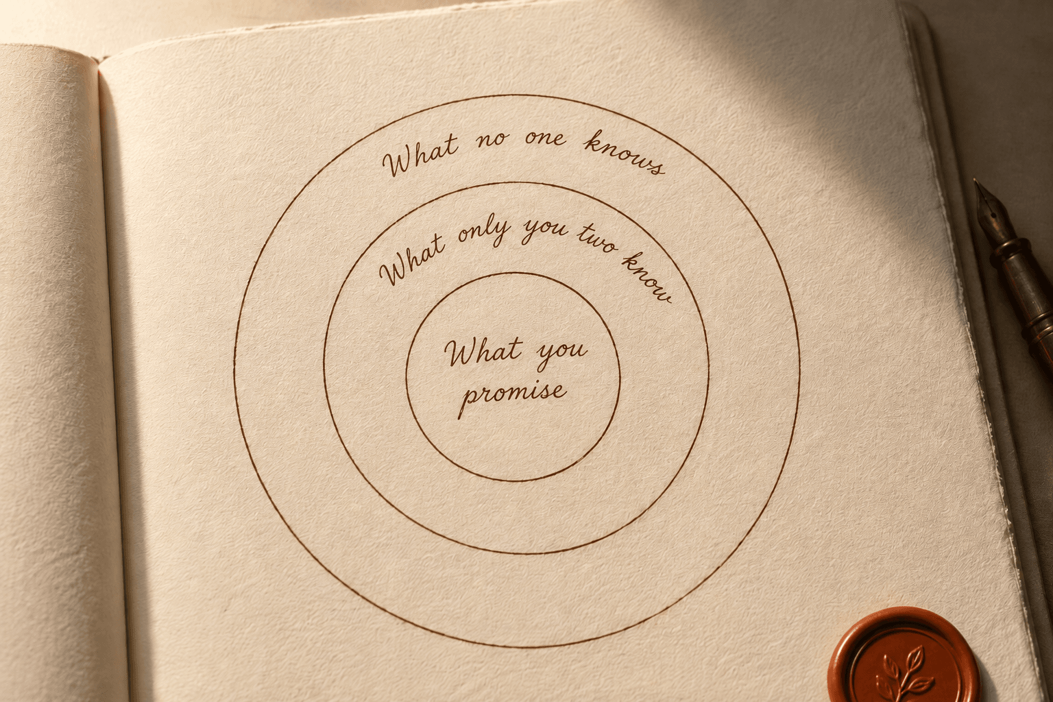 Hand-drawn diagram of three concentric circles for writing wedding vows, sketched in brown ink on cream paper