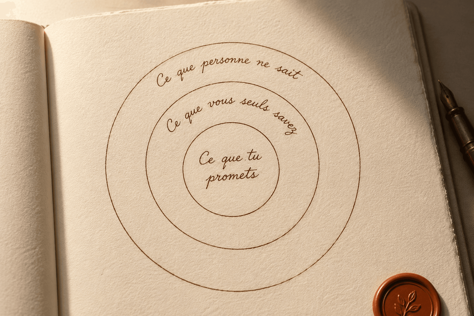 Schéma manuscrit des trois cercles concentriques pour écrire ses vœux de mariage, tracés à l'encre brune sur papier crème