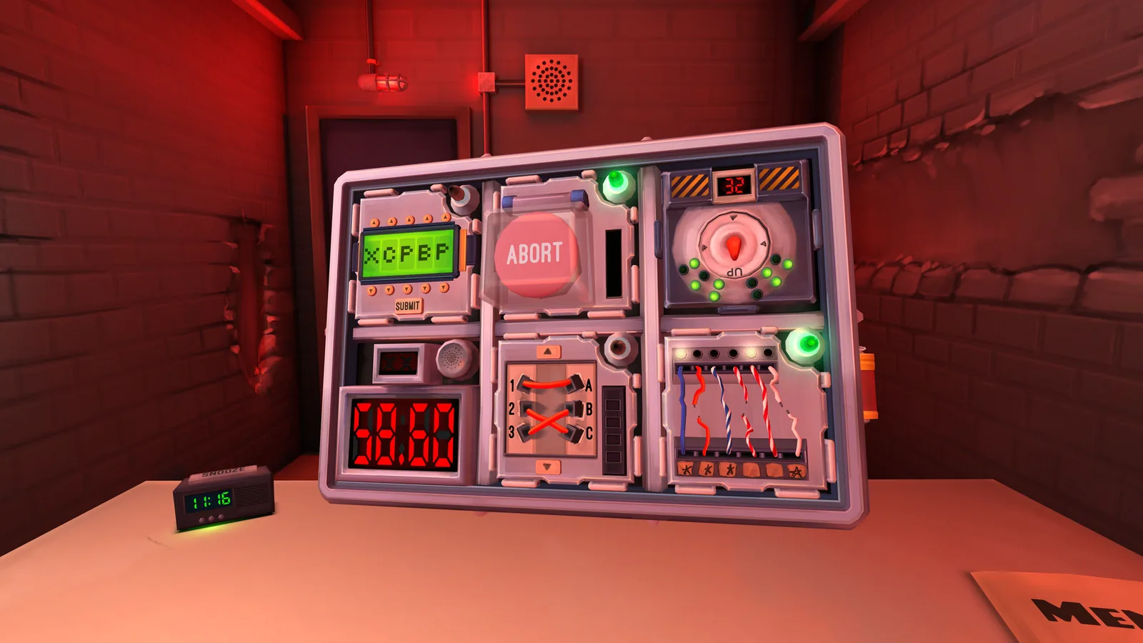 Le panneau de bombe de Keep Talking and Nobody Explodes dans une pièce rouge, ses modules à désamorcer et son compte à rebours