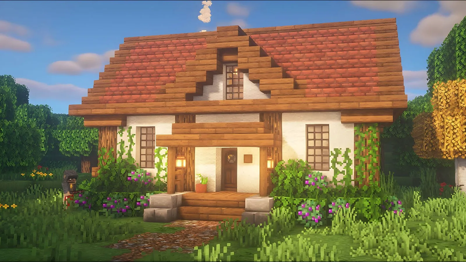 Une maison construite dans Minecraft, toit de tuiles rouges et jardin fleuri, au soleil couchant
