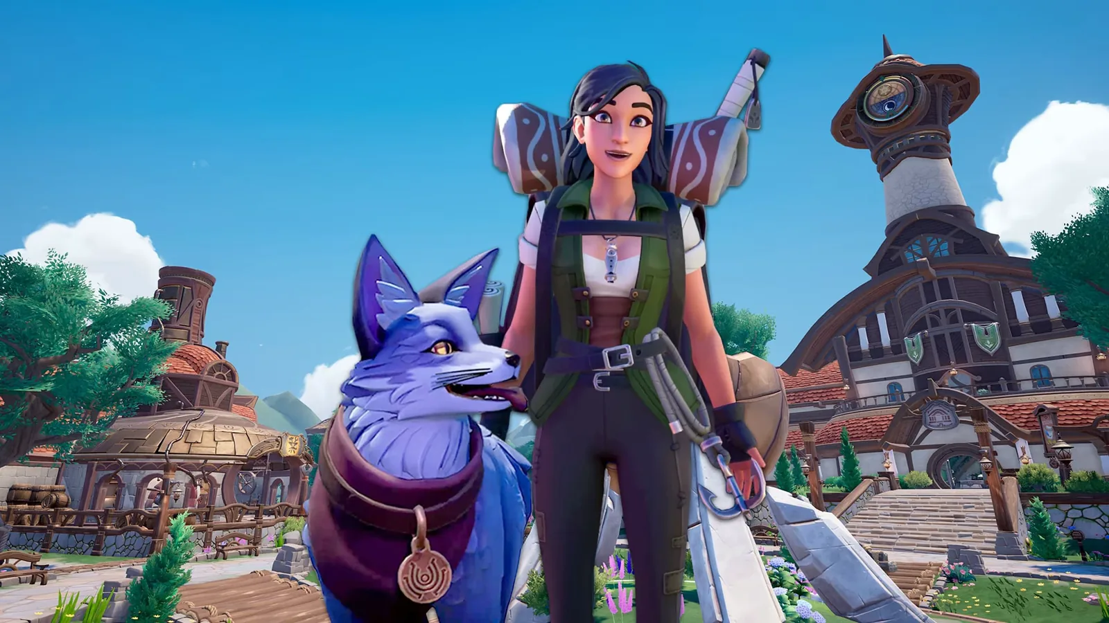 Un personnage de Palia devant le village, accompagné d'un renard bleu, arc dans le dos