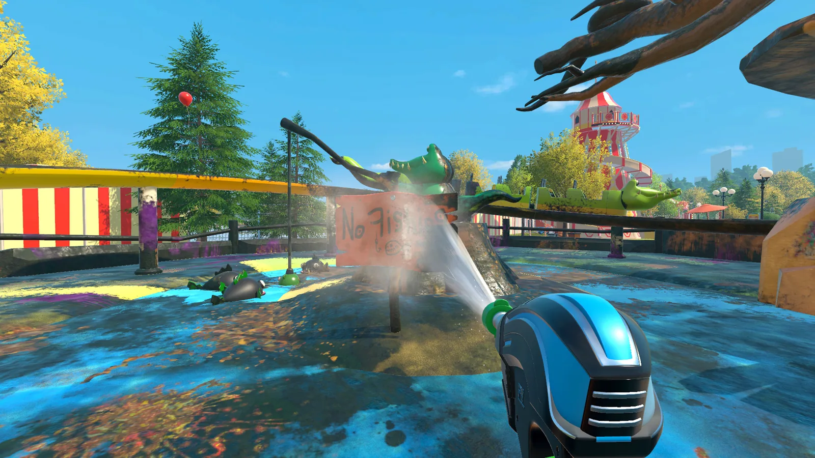 Le jet du nettoyeur haute pression de PowerWash Simulator lancé sur une aire de jeu couverte de saleté