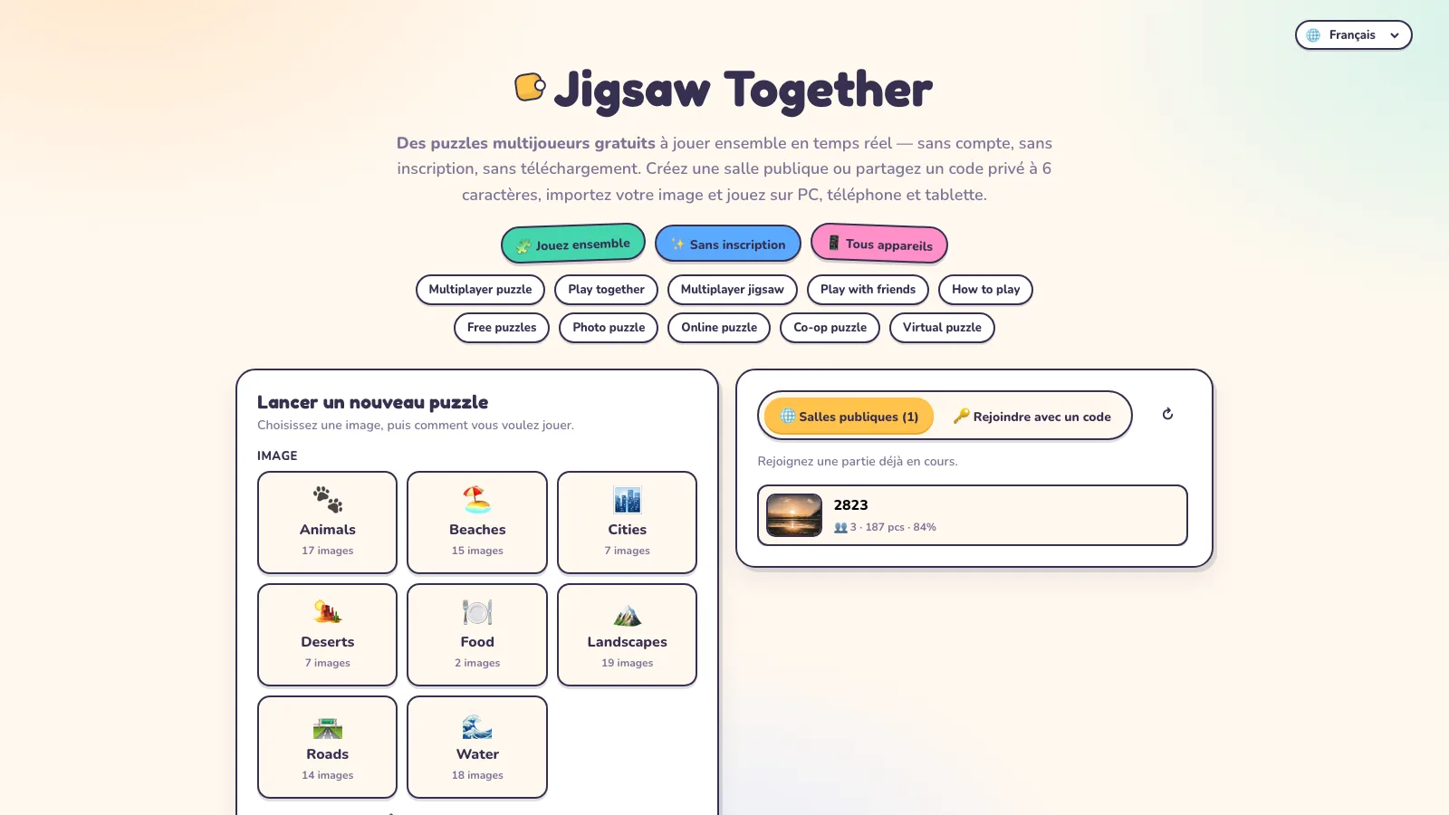 La page d'accueil de Jigsaw Together, puzzles multijoueurs gratuits à assembler à deux dans le navigateur