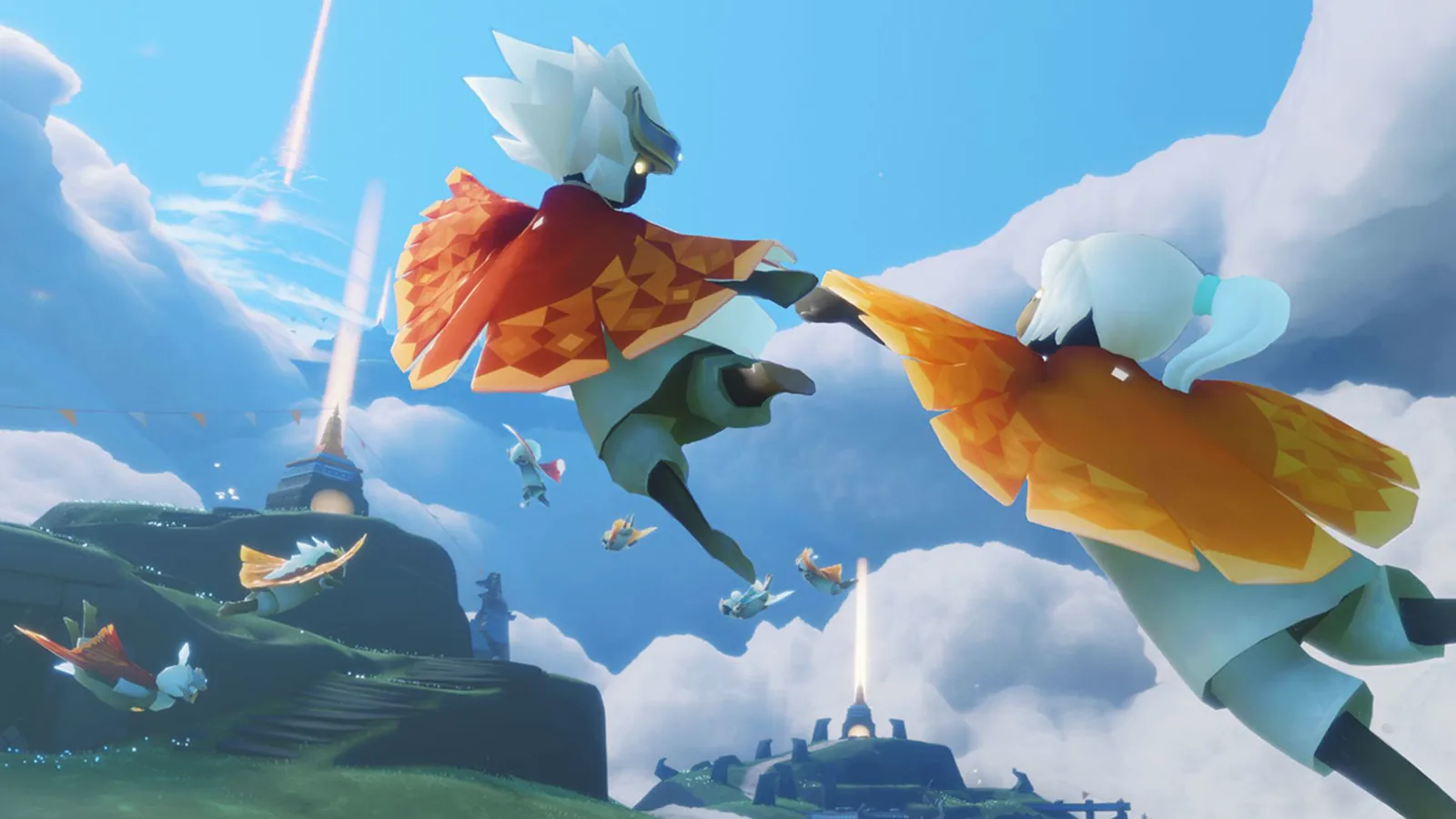 Deux personnages de Sky: Children of the Light volent main dans la main au-dessus des nuages, cape déployée