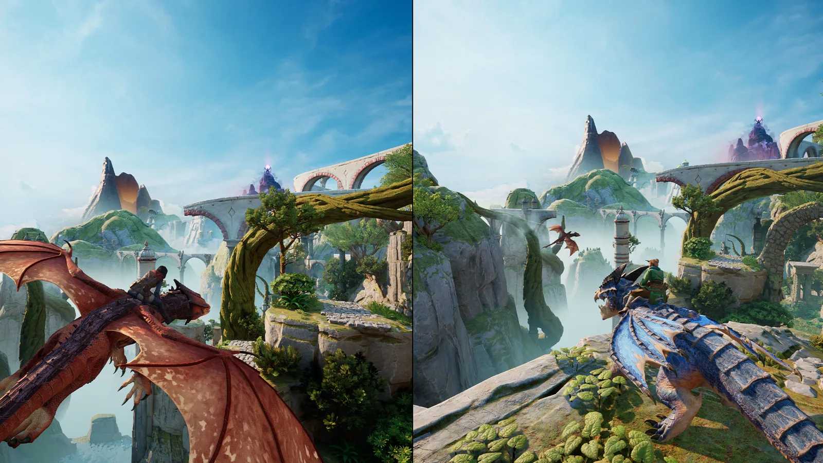 L'écran partagé de Split Fiction, deux dragons survolant le même paysage fantastique, un joueur de chaque côté