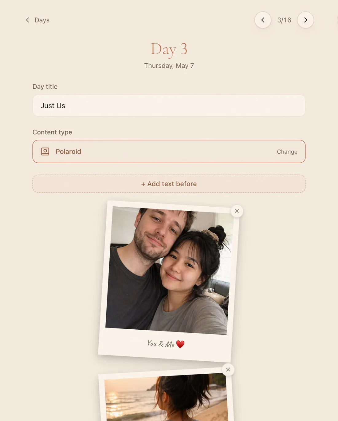 The Unveil editor, where you fill day 3 with a polaroid